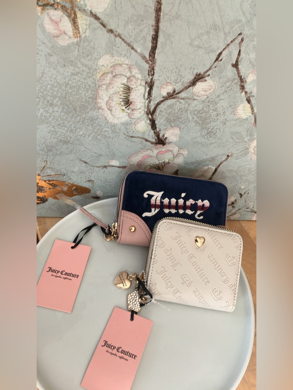 Juicy Couture Navy Velvet & Blush Double Zip Wallet & Pale Pink Snap Wallet SET